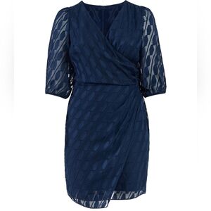 London Times Navy Ruched Faux Wrap Sheer Bishop Sleeve Dress - 20W